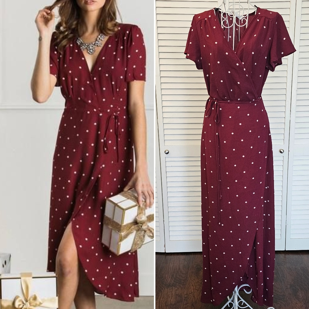 Superfoxx Burgundy White Polka Dot High-low Maxi Wrap Dress Size M Made In USA